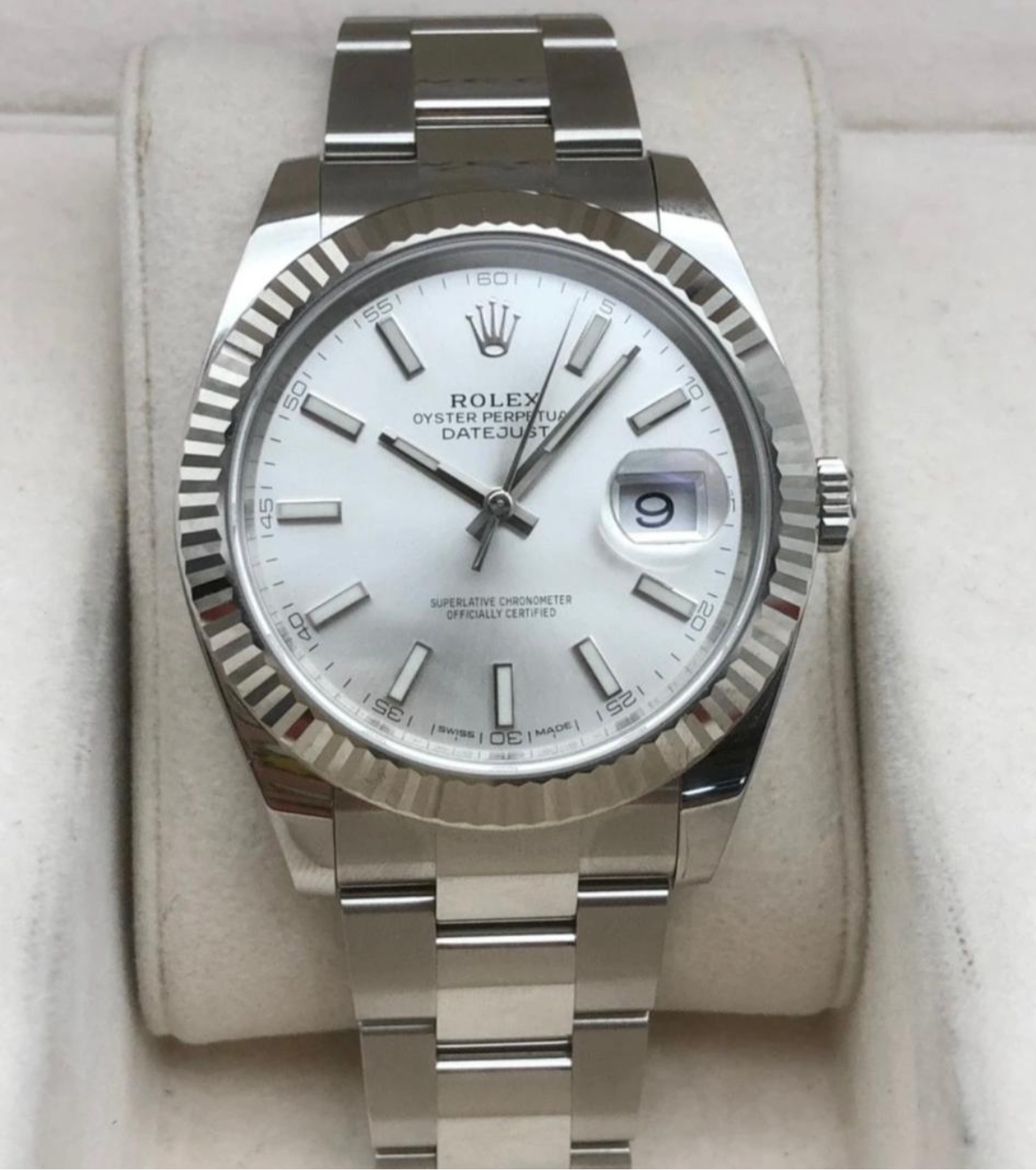 Rolex Datejust M126334-0009 , 41mm diameter, automatic, white dial, bar scale, classic bezel description