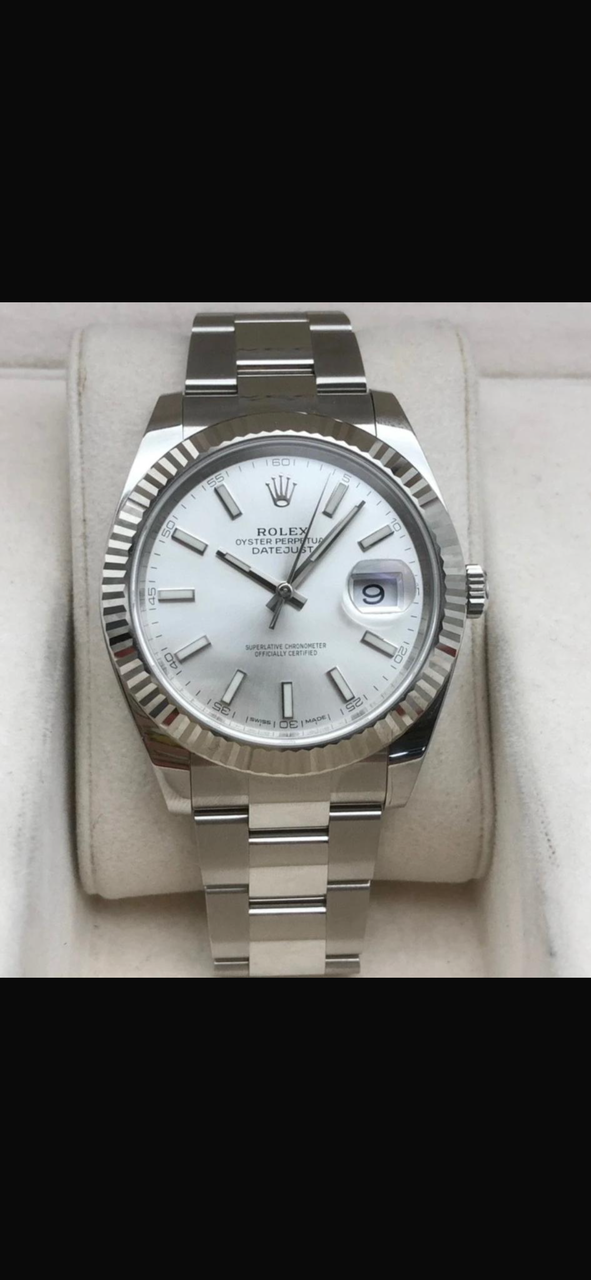 Rolex Datejust M126334-0009 , 41mm diameter, automatic, white dial, bar scale, classic bezel description